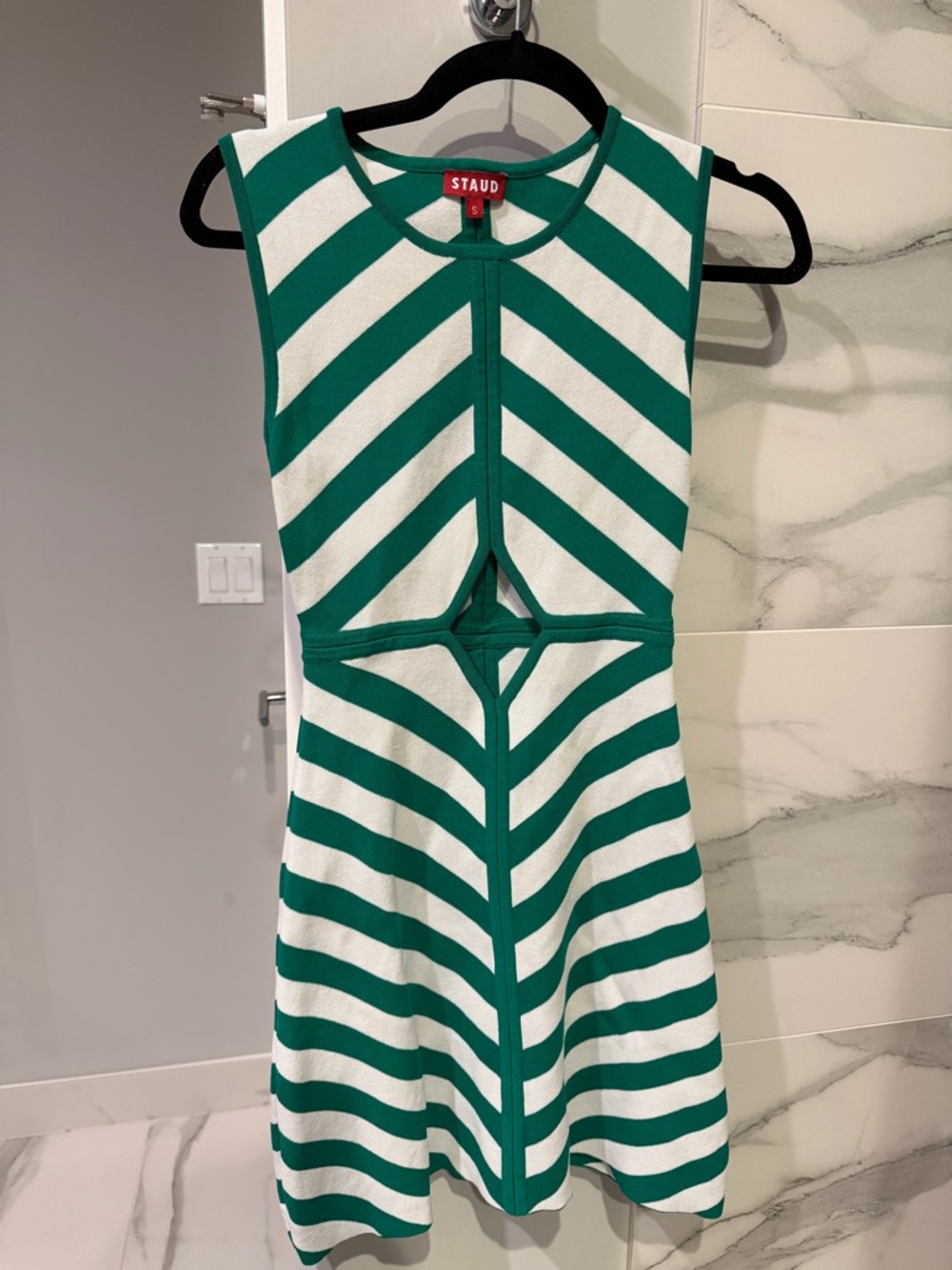 STAUD Emerald and White Striped Cutout Knit Mini Dress